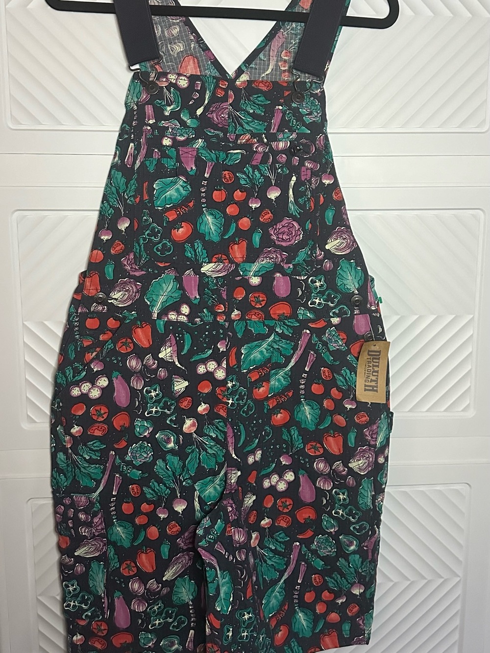 Duluth Trading Co. Black Overalls with Red Tomato & Green Leaf Print